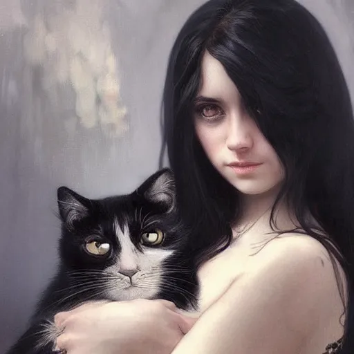 Prompt: emo girl and her cat, with long dark hair, thick eyebrows!!! deep dark big eyes and dark circles!, wide nose!!!, oval face shape, big cheeks! by juan villafuerte, greg rutkowski and alphonse mucha, pexels contest winner, high quality photo, rtx, hd