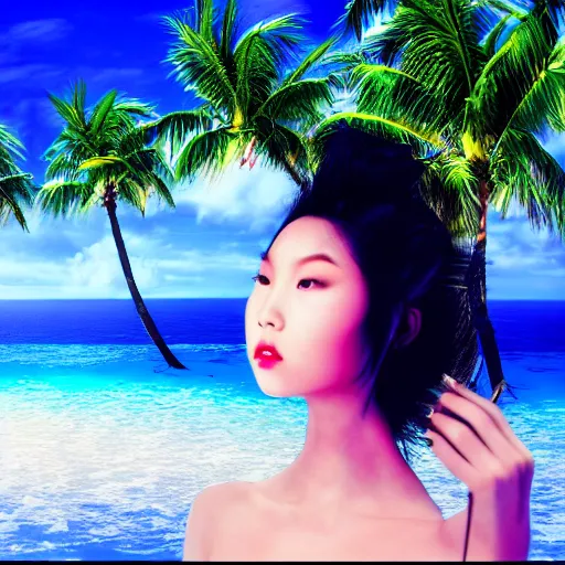 Prompt: a VHS still of a an Asian female model inside a vaporwave surreal beach, Windows98 logo
