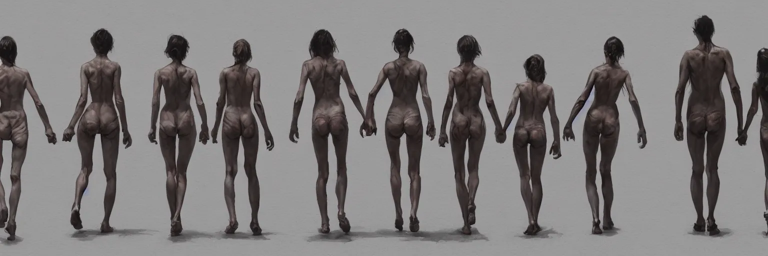 Image similar to family walk cycle, realistic anorexic family walking while wearing a thong, character sheet, fine details, concept design, contrast, kim jung gi, greg rutkowski and francis bacon, trending on artstation, 8 k, full body and head, turnaround, front view, back view, ultra wide angle