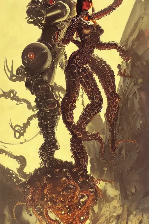 Image similar to iron fisted lovecraftian demon standing beside elegant lady wearing a latex spacesuit, by norman rockwell, jack kirby, jon berkey, earle bergey, craig mullins, ruan jia, jeremy mann, tom lovell, marvel, astounding stories, 5 0 s pulp illustration, scifi, fantasy, artstation creature concept