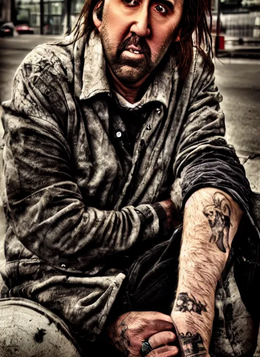 Image similar to Homeless portrait Nicolas Cage in scrappy clothing, HD, award winning photograph