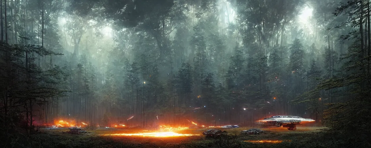 Image similar to a giant megastructure spaceship wrecked and lost in the forest, a small fire in the distance, big powerful laser light and big sound system on the left side close to the camera, detailed digital art by greg rutkowski.