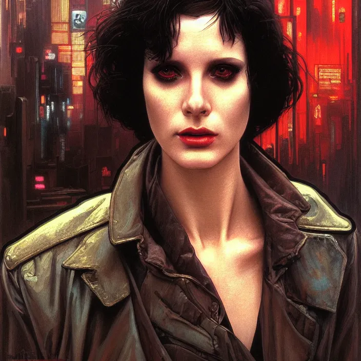 Image similar to excellent painted portrait of a replicant street vendor from blade runner (1982), cyberpunk blade runner art, character artwork, 8k resolution artwork, trending on artstation, detailed oil painting portrait, art by artgerm and greg rutkowski and alphonse mucha and craig mullins and James Jean and Andrei Riabovitchev and Marc Simonetti and peter mohrbacher, matte painting