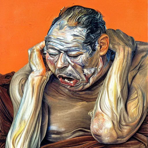 Image similar to high quality high detail painting of a man in agony by lucian freud and jenny saville and francis bacon, hd, anxiety, turquoise and orange