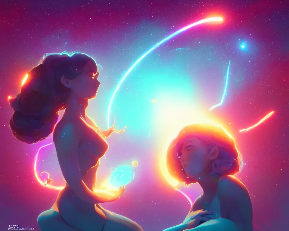 Image similar to beautiful whimsical women standing under a multi-colored binary blackhole with an accretion disc, casting magic, glowing trails following her arms, wearing professional makeup, by Lois van Baarle, by Greg Rutkowski, by artgerm, by beeple, by studio ghibli, cinematic angle, volumetric lighting, 4k resolution, octane render, trending on artstation, masterpiece