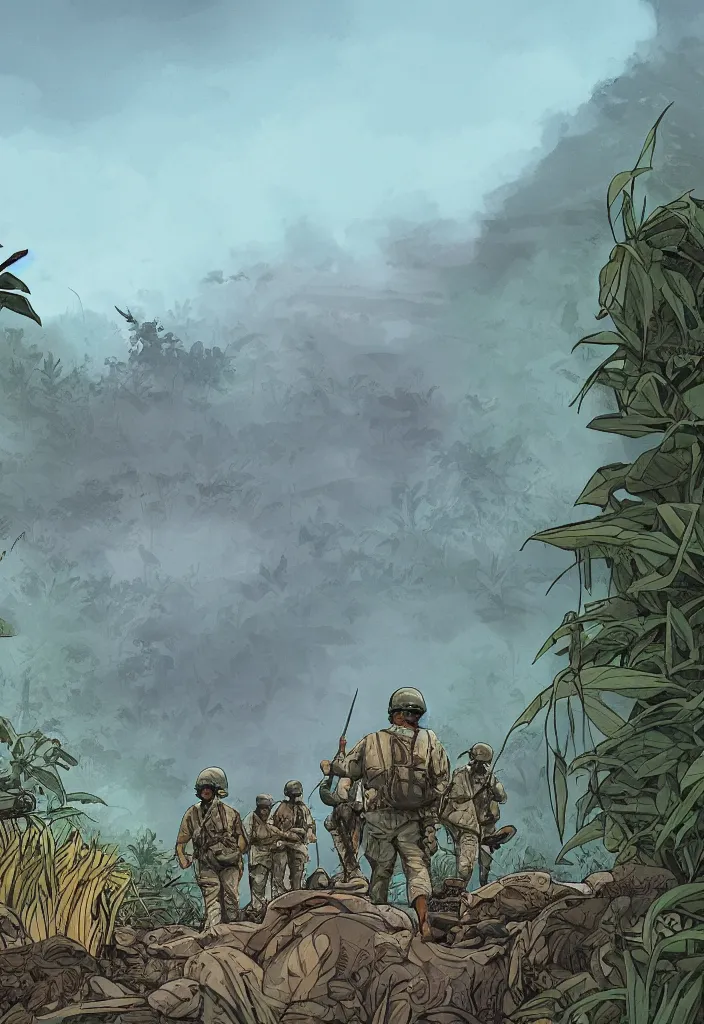 Image similar to handmade illustration of an epic Vietnam war scene with a few american soldiers walking, the jungle at the background, some smoke and fire, blue sky with dramatic clouds, line art, ink, watercolor by Kilian Eng and by Jake Parker, heavy brushstrokes, winning-award masterpiece, fantastic, octane render, 8K HD Resolution, High quality image