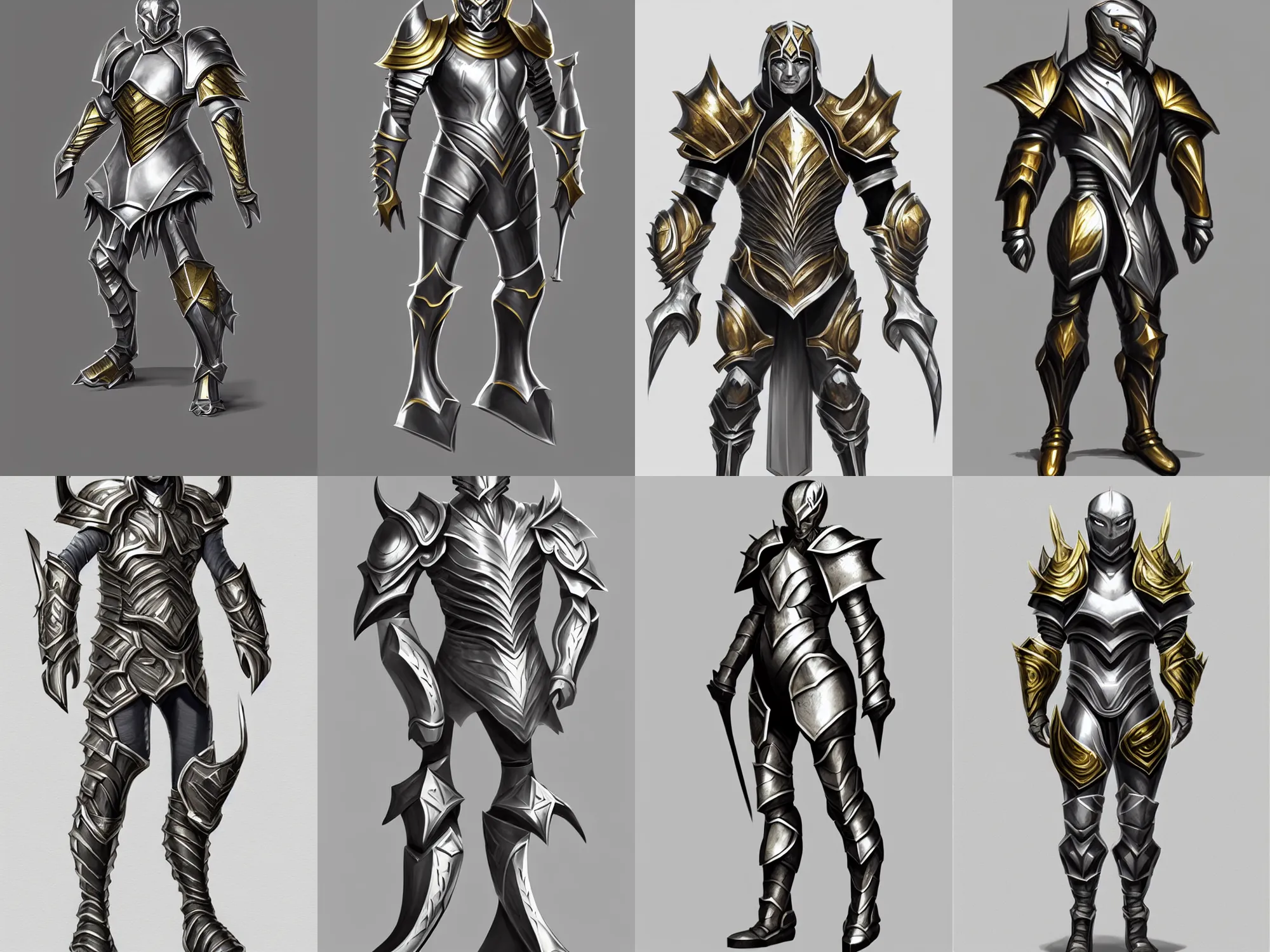 Prompt: fantasy armor, bulging shoulders, symmetrical, concept sketch, silver with gold trim, extremely polished, heavy exaggerated proportions, flat shading, smooth, uncluttered, extremely clean, fantasy character portrait, professional concept art, front view, A-pose, full body