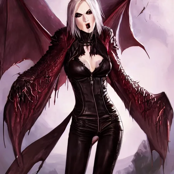 Image similar to A female vampire with generous cleavage in a leather pants, with a black leather jacket, big fangs dropping blood, devil wings , D&D , fantasy , highly detailed, digital art, artstation, smooth, sharp focus, fantasy illustration, art by Peter Tang and artgem and Alina Ivanchenko and Hirokazu Yokohara and Kago Shintaro