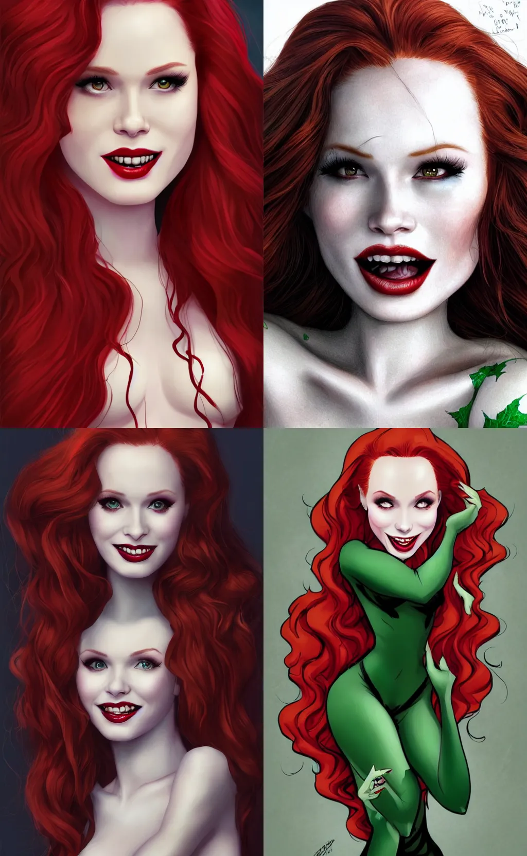 Prompt: vampire beautiful Madelaine Petsch poison ivy DC comics taking a selfie, evil smile, realistic character concept, medium shot waist up, fun pose, comic book, illustration, slender symmetrical face and body, artstation, cinematic lighting, hyperdetailed, cgsociety, 8k, high resolution, Charlie Bowater, Tom Bagshaw, single face, insanely detailed and intricate, beautiful, vfx, postprocessing