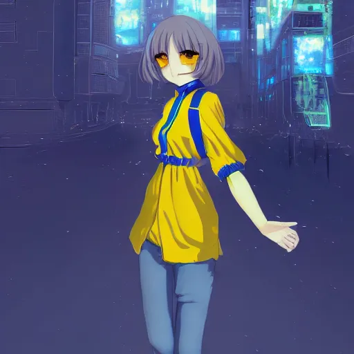 Image similar to anime ukrainian girl, in blue and yellow clothes, watching explosions in big city, concept art, trending on artstation, highly detailed, intricate, sharp focus, digital art, 8 k