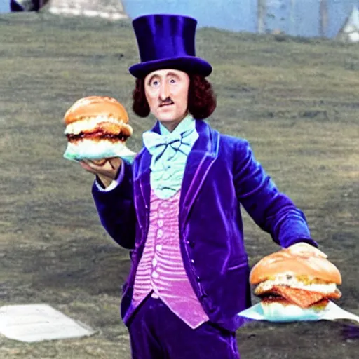 Prompt: willy wonka eating a hamburger