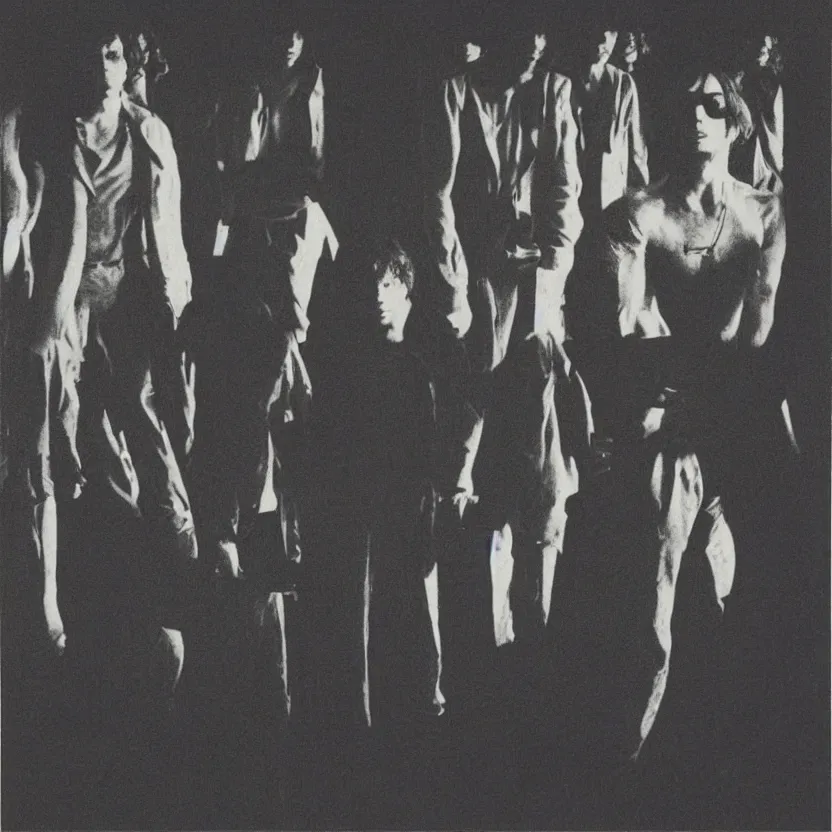 Image similar to a few men standing next to each other in a dark room, an album cover by Syd Barrett, pinterest, mannerism, antichrist, top lighting, 1970s