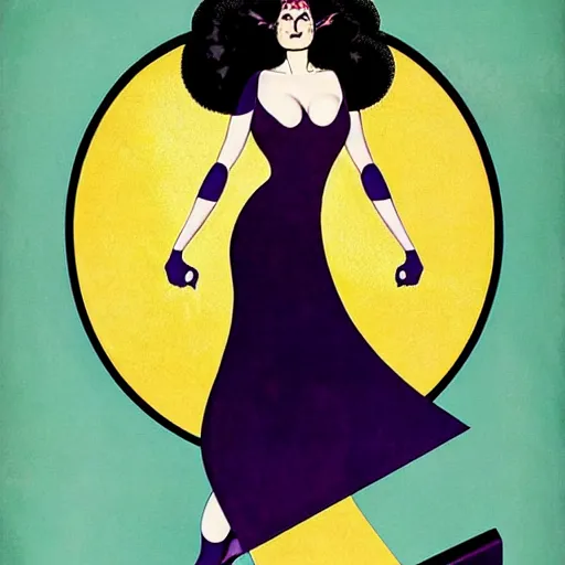 Image similar to Eva Green is Metamorpho, the Element Woman, Art by Coles Phillips, Chalk white skin, deep purple hair, Green eyes, Portrait of the actress, Eva Green as Metamorpho, carbon black and antique gold