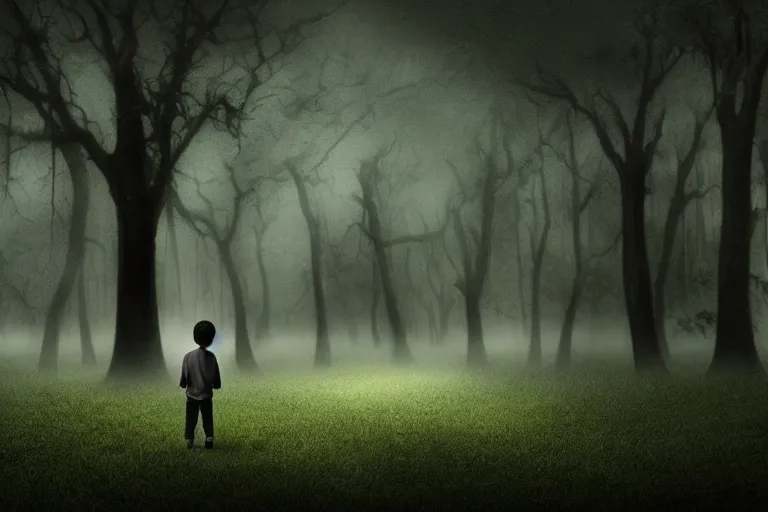 Image similar to boy and his haunting ethereal realistic ghost in the middle of a rain oak forest at night, realistic, obscure, dramatic scene, matte painting