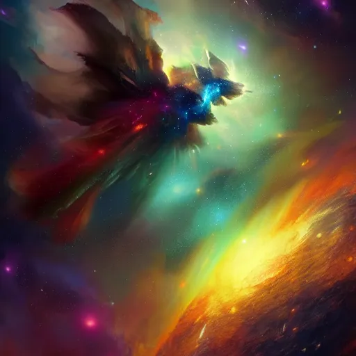 Prompt: a giant galactic onyx flying through in a nebula by WLOP and tony sart, fantasy art, 4k, HDR, photorealistic, 8k, trending on artstation