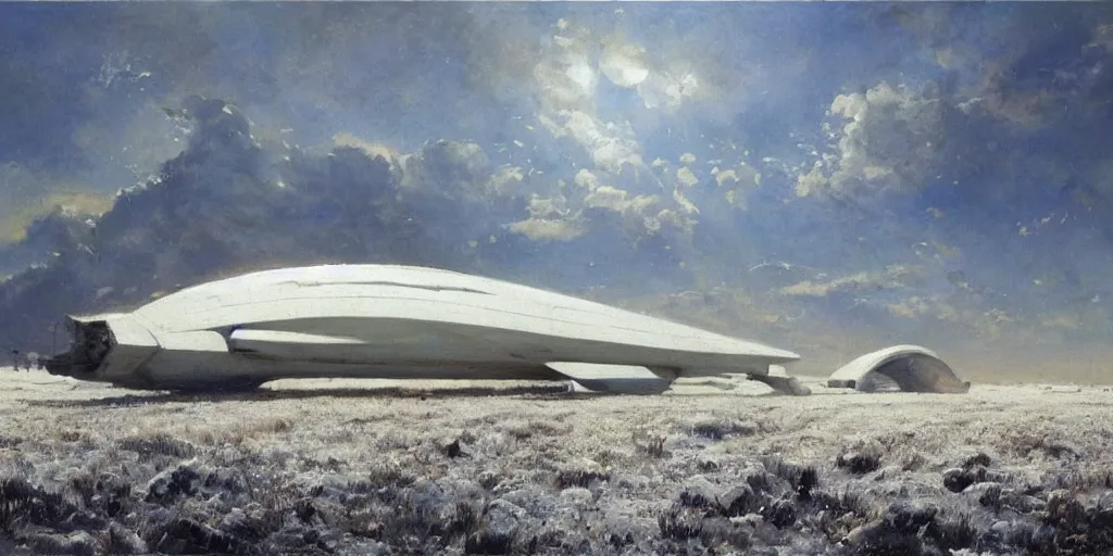 Image similar to white giant spaceship starship airship in center on tansy field at foot on snowy mountain by Fernand Khnopff by john berkey, oil painting, concept art