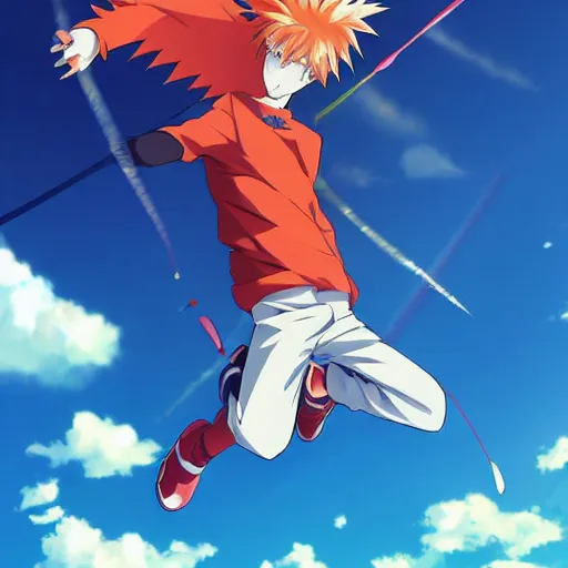 Image similar to orange - haired anime boy, 1 7 - year - old anime boy with wild spiky hair, wearing red jacket, flying through sky, jumping through clouds, late evening, blue hour, cirrus clouds, pearly sky, ultra - realistic, sharp details, subsurface scattering, blue sunshine, intricate details, hd anime, 2 0 1 9 anime