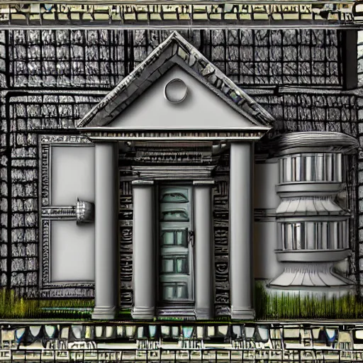 Prompt: white house in zork i, boarded front door, mailbox, kitchen window ajar, flatheadia, great underground empire, highly detailed, intricate, 8 k, self - aware ai renderer