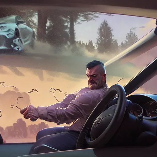 Image similar to Angry man inside a car is having a road rage, highly detailed, professional digital painting, Unreal Engine 5, Photorealism, HD quality, 8k resolution, cinema 4d, 3D, cinematic, art by artgerm and greg rutkowski and alphonse mucha and loish and WLOP