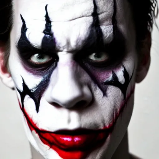 Image similar to Bill Skarsgard With scary face paint inspired by the joker hyper realistic 4K quality