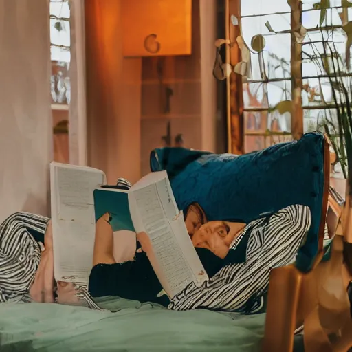 Image similar to person lounging on a pillow reading a book