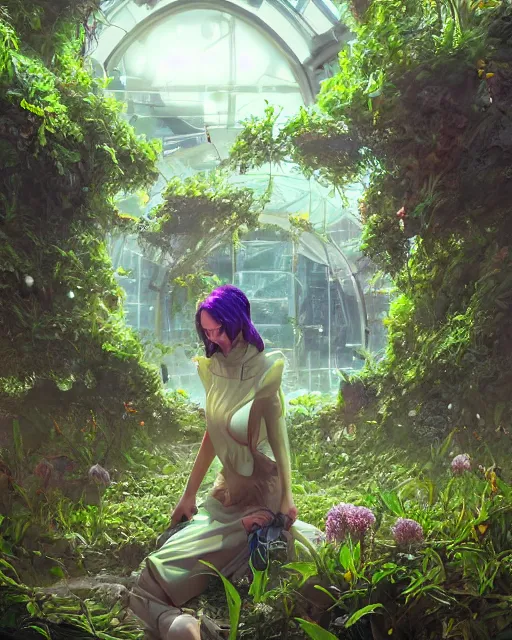 Image similar to beautiful solarpunk girl, scifi, futuristic, bright light, highly detailed, concept art, green plants, school, white building, flowers, utopia, sharp focus, trending on artstation, intricate, atmosphere, sunny, art by roman makarenko, dzung phung dinh