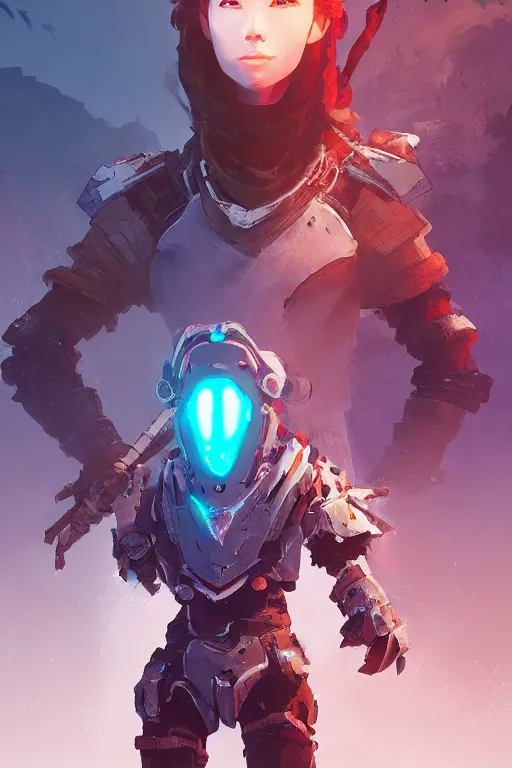 Prompt: combination suit armor aloy horizon forbidden west horizon zero dawn radiating a glowing aura global illumination ray tracing hdr fanart arstation by ian pesty and alena aenami artworks in 4 k tribal robot ninja mask helmet backpack