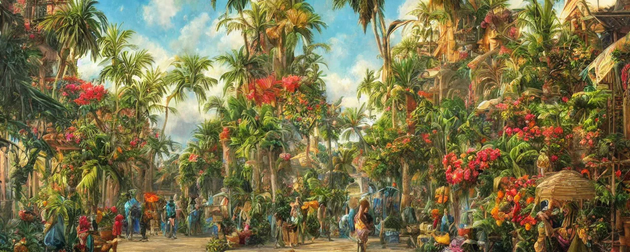 Image similar to a highly detailed oil painting of Tropical Flowers, a view from ground level: elegant, ornate, daytime. this is a beautifully lit scene.