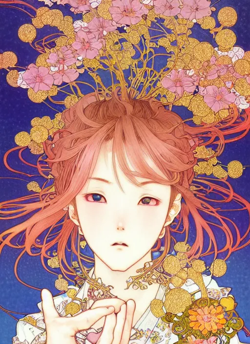 Image similar to exquisite imaginative manga poster art of keqing, genshin impact, flowers, pearlescent, shimmering, reflective, rim light, detailed background, by kojima ayami, akihiko yoshida, minaba hideo, alphonse mucha, art nouveau, illustration, artstation, concept art, highly detailed, colorful, maximalist