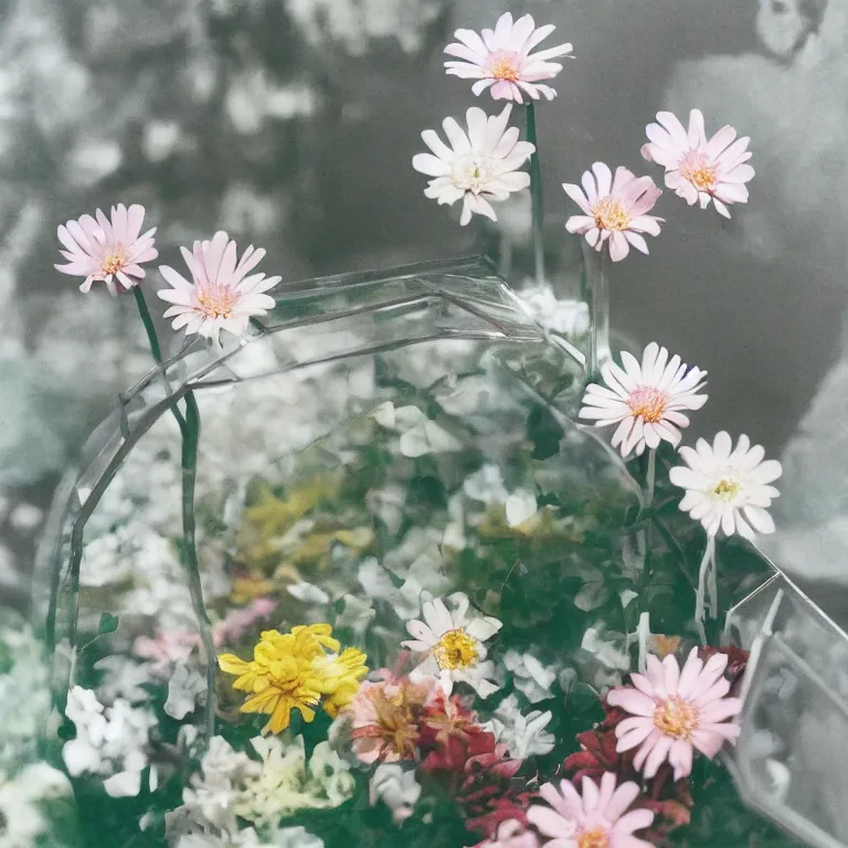 Image similar to flowers made of chrome in the terrarium, film photo, soft lighting, album cover