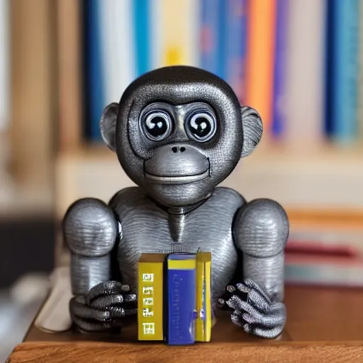 Image similar to small robotic monkey on bookshelf, product photo, detailed, 4k