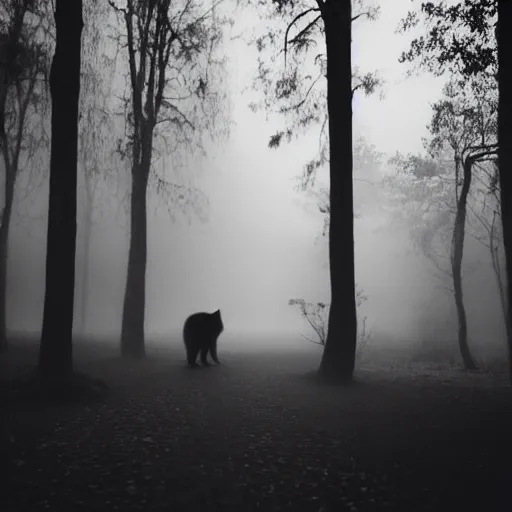 Image similar to a cat walks alone through the woods at night, gloomy, dark, foggy, night, ominous, dark color, atmospheric, cinematic lighting, intricate detail?