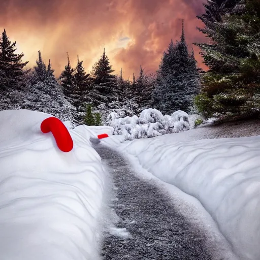 Image similar to a large colorful candy cane is sticking out the ground on the side of a serene foot path. there are some snow drifts laying against the candy. there are snow flurries in the air. epic, awe inspiring, dramatic lighting, cinematic, extremely high detail, photorealistic, cinematic lighting, trending on artstation cgsociety rendered in unreal engine, 4 k, hq,