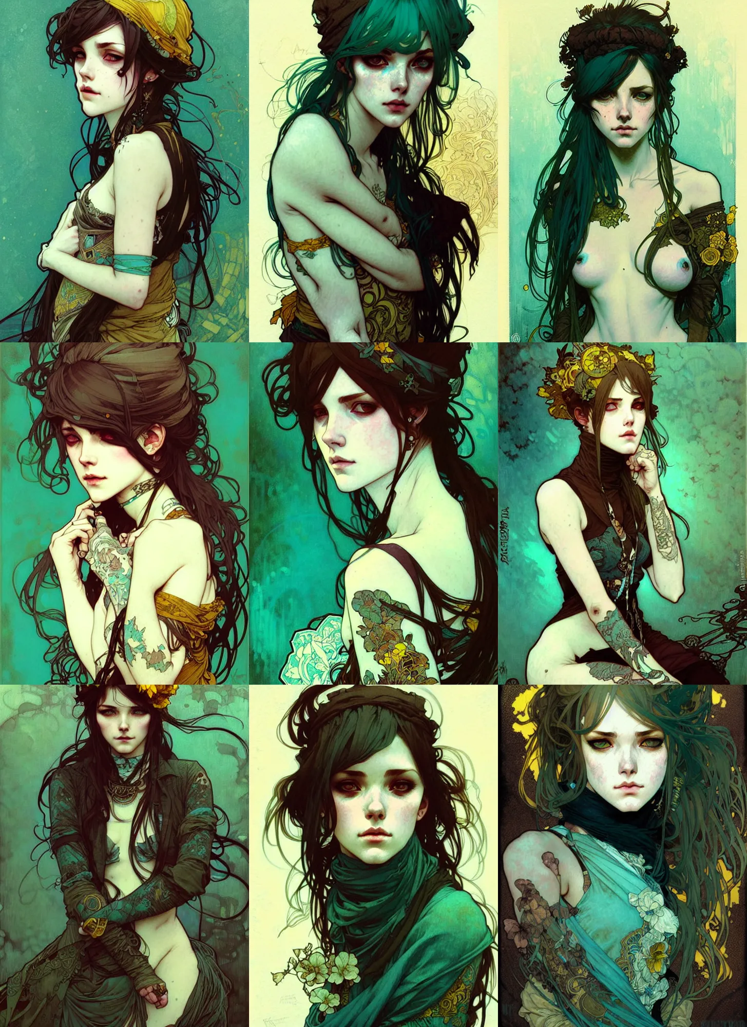 Prompt: highly detailed portrait of a moody riverpunk young adult lady by krenz cushart, by artem demura, by alphonse mucha, by kaethe butcher, gradient teal, black, brown and yellow color scheme, grunge aesthetic!!! (