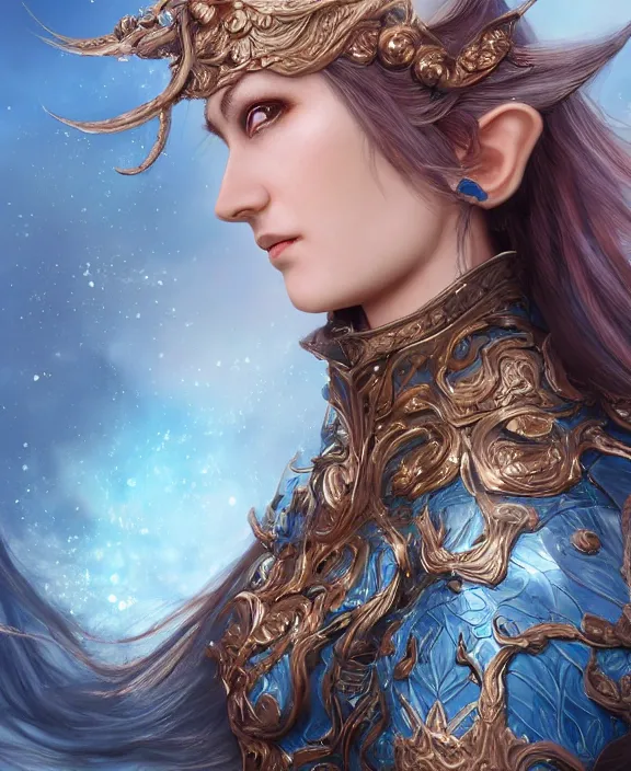 Prompt: a beautiful and highly detailed digital portrait of a dignified elf with long blue windswept hair in a rose gold breastplate by artgerm, karol bak, and lu ji, centered, artsation contest winner, cgsociety, fantasy art, cryengine, concept art, photorealism, daz 3 d, sketchfab, zbrush, vray