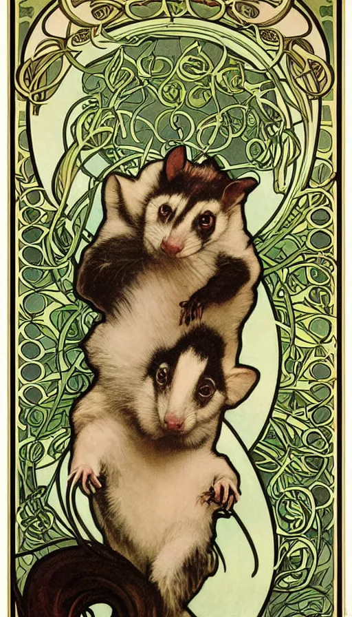 Prompt: poster of an opossum by Alphonse Mucha, Art Nouveau