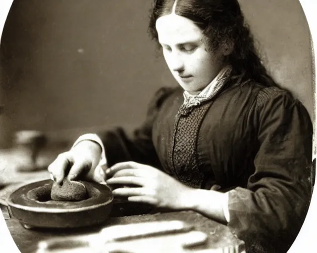 Image similar to an early 1800s photo of someone sitting at a computer making a donut in blender