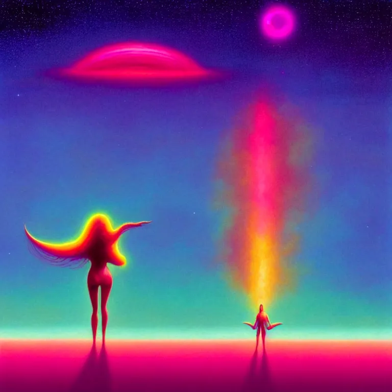 Image similar to mysterious cosmic girl hovering over shimmering desert, infinite astral waves, synthwave, bright neon colors, highly detailed, cinematic, wide angle, tim white, michael whelan, roger dean, bob eggleton, lisa frank, vladimir kush, kubrick, kimura, isono