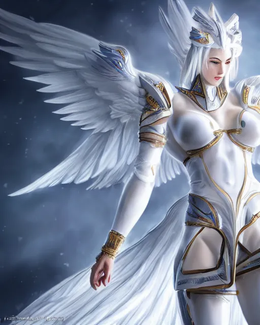 Image similar to perfect white haired attractive egyptian goddess with huge white dove wings, warframe armor, beautiful, symmetric, dreamy, half asian, pretty face, blue eyes, detailed, scifi platform, laboratory, experiment, 4 k, ultra realistic, epic lighting, android body, illuminated, cinematic, masterpiece, art by akihito tsukushi, voidstar