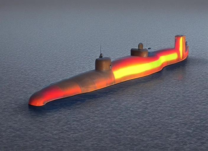 Prompt: enormous classified submarine, underwater, multicolored sinister lights, detailed