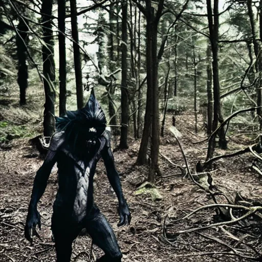 Image similar to !! werecreature consisting of male human and crow, photograph captured in a forest