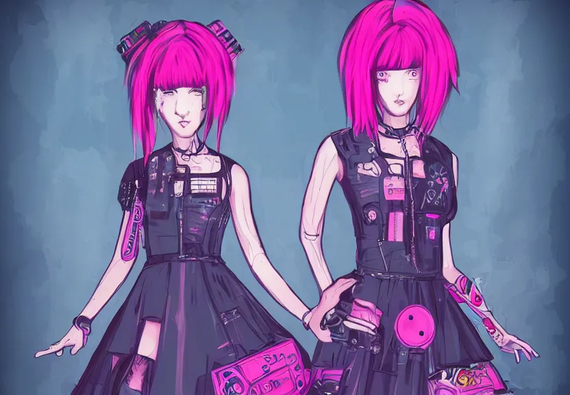 Image similar to little android girl with eccentric pink haircut wearing dress made by black feather, cyberpunk, anime style artwork, dark, neon, anatomically perfect