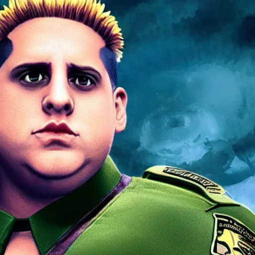 Image similar to Jonah Hill staring as Guile in the Street Fighter 2024 movie