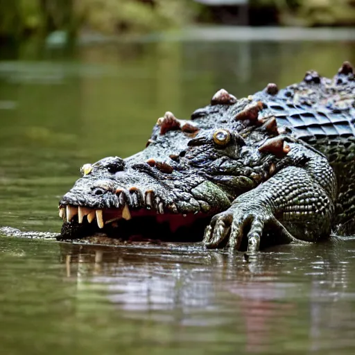 Image similar to werecreature consisting of a mixture of human and crocodile, photograph captured at woodland creek