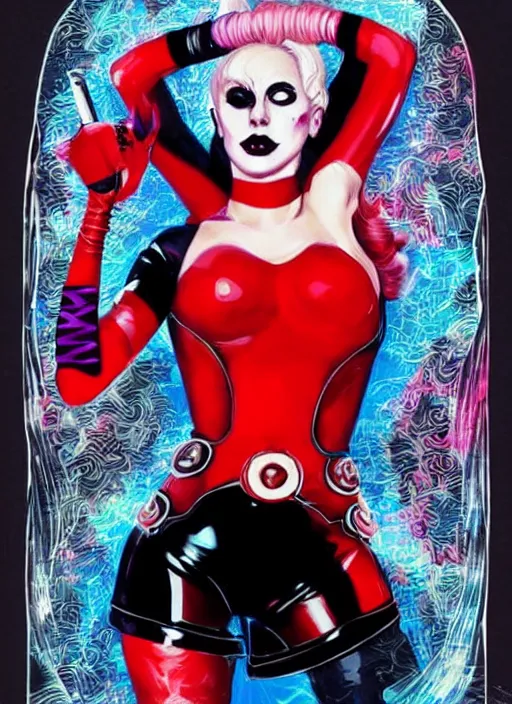 Image similar to beautiful lady gaga as harley quinn, high details, intricate details, by vincent di fate, artgerm julie bell beeple, 1 9 9 0 s, inking, vintage 9 0 s print, screen print