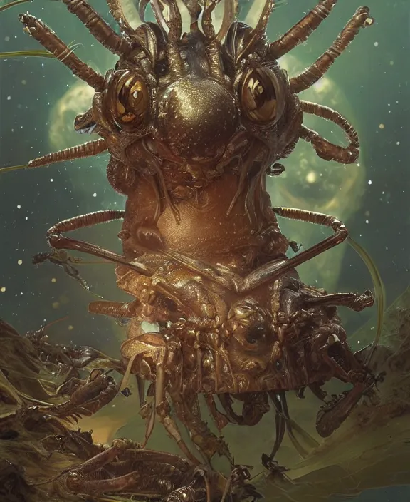 Image similar to portrait of an alien insect fungus creature, adorable, childlike, milky way environment, ultra realistic, concept art, intricate details, cheerful, highly detailed, photorealistic, octane render, 8 k, unreal engine. art by christopher marley and artgerm and greg rutkowski and alphonse mucha