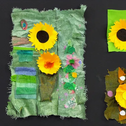 Prompt: Tissue paper Sunflowers in a meadow of collaged textiles