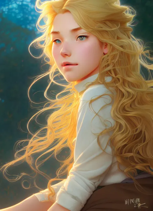 Image similar to young woman with medium - length, curly, golden hair, aquamarine eyes, natural lighting, path traced, highly detailed, high quality, cartoon, digital painting, by new haicheng and ross tran and studio ghibli and alphonse mucha