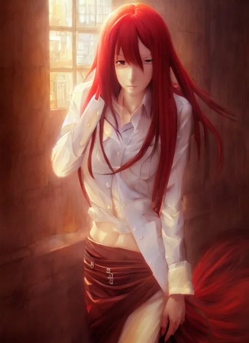 Prompt: Classical oil painting of Makise Kurisu by Marc Simonetti, beautiful anime portrait, official artwork, stylistic, Touhou character, brush strokes, oil, canvas