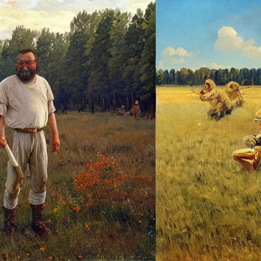 Prompt: Gary Gygax in earflaps stands in the middle of the field, Rye (Shishkin), painting by Ivan Shishkin, painting by Ivan Shishkin, painting by Valentin Serov, oil painting